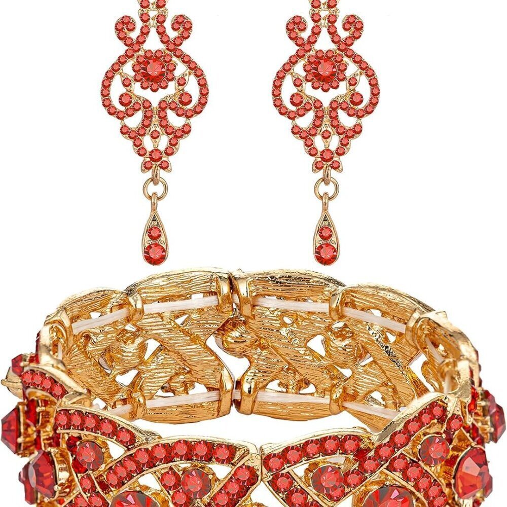 Womens Crystal Jewelry Set Bridal Bridesmaid Dangle Earrings and Tennis Bangles